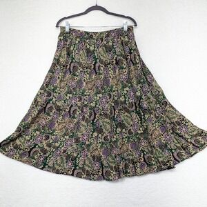 Sharon Anthony Green Paisley Print‎ Rayon Midi Skirt Elastic Waist Size M